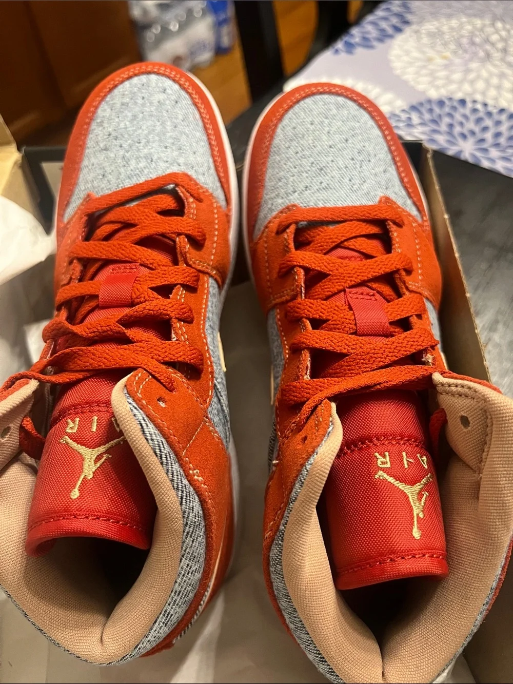 Nike Kids Orange and Tan Denim Jordan Sneakers 6.5Y